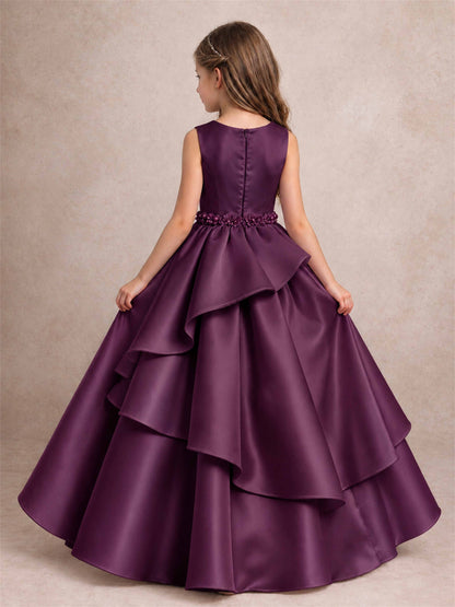 3D Floral Ruffled Satin Flower Girl Dress Floor Length Princess Gown for Wedding First Communion