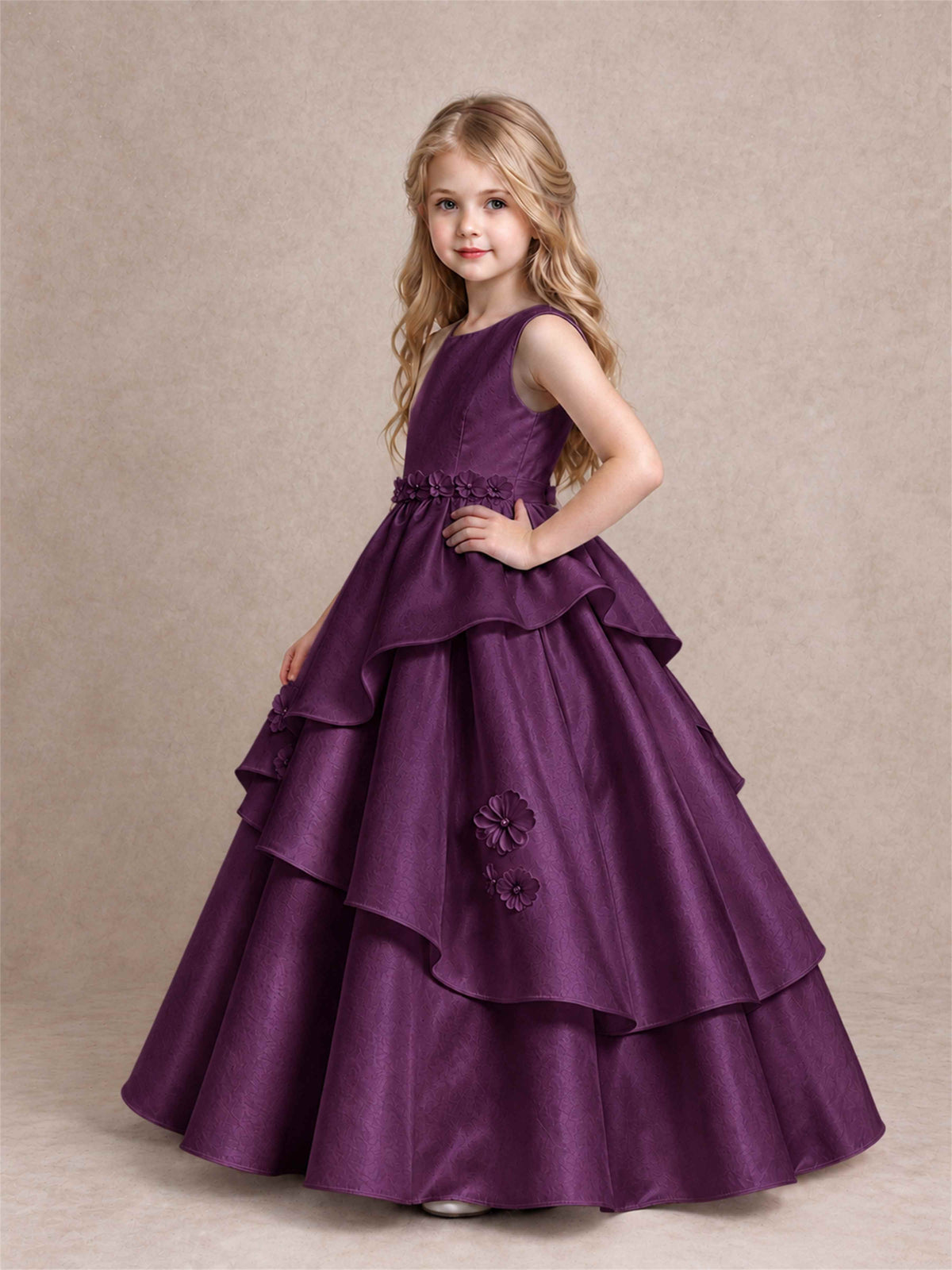 3D Floral Ruffled Satin Flower Girl Dress Floor Length Princess Gown for Wedding First Communion