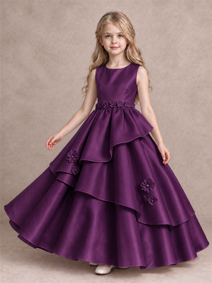 3D Floral Ruffled Satin Flower Girl Dress Floor Length Princess Gown for Wedding First Communion