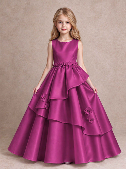 3D Floral Ruffled Satin Flower Girl Dress Floor Length Princess Gown for Wedding First Communion