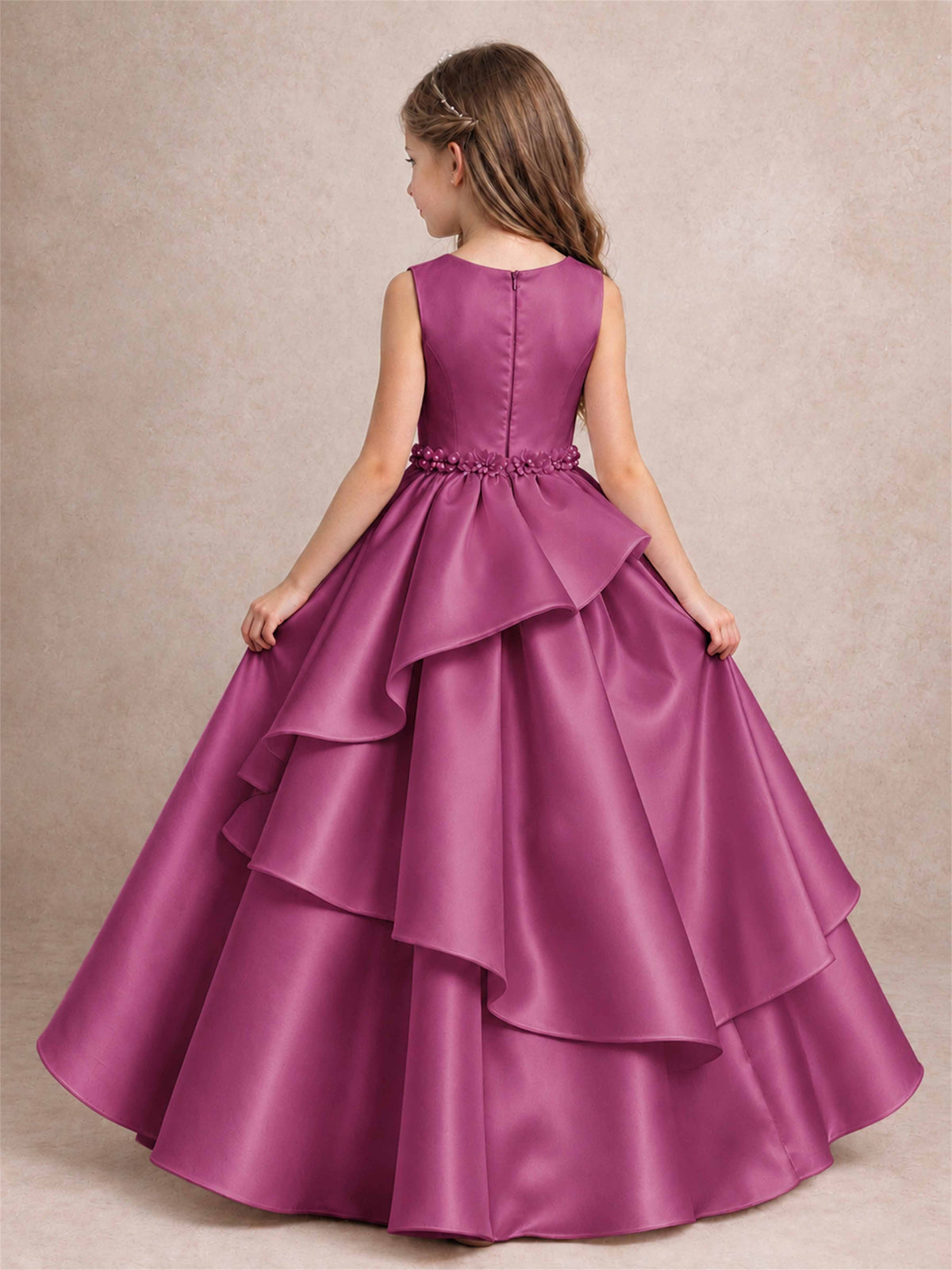 3D Floral Ruffled Satin Flower Girl Dress Floor Length Princess Gown for Wedding First Communion