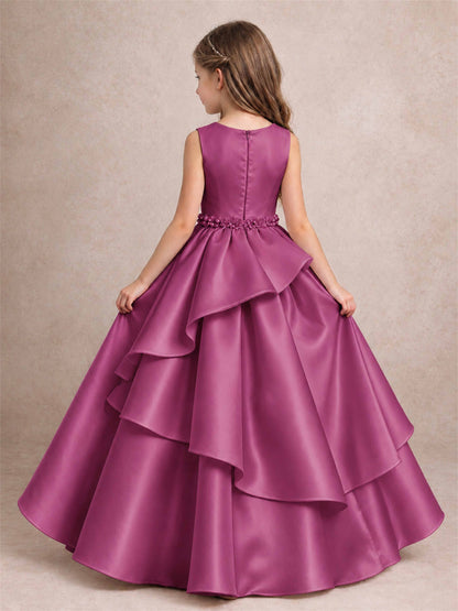 3D Floral Ruffled Satin Flower Girl Dress Floor Length Princess Gown for Wedding First Communion