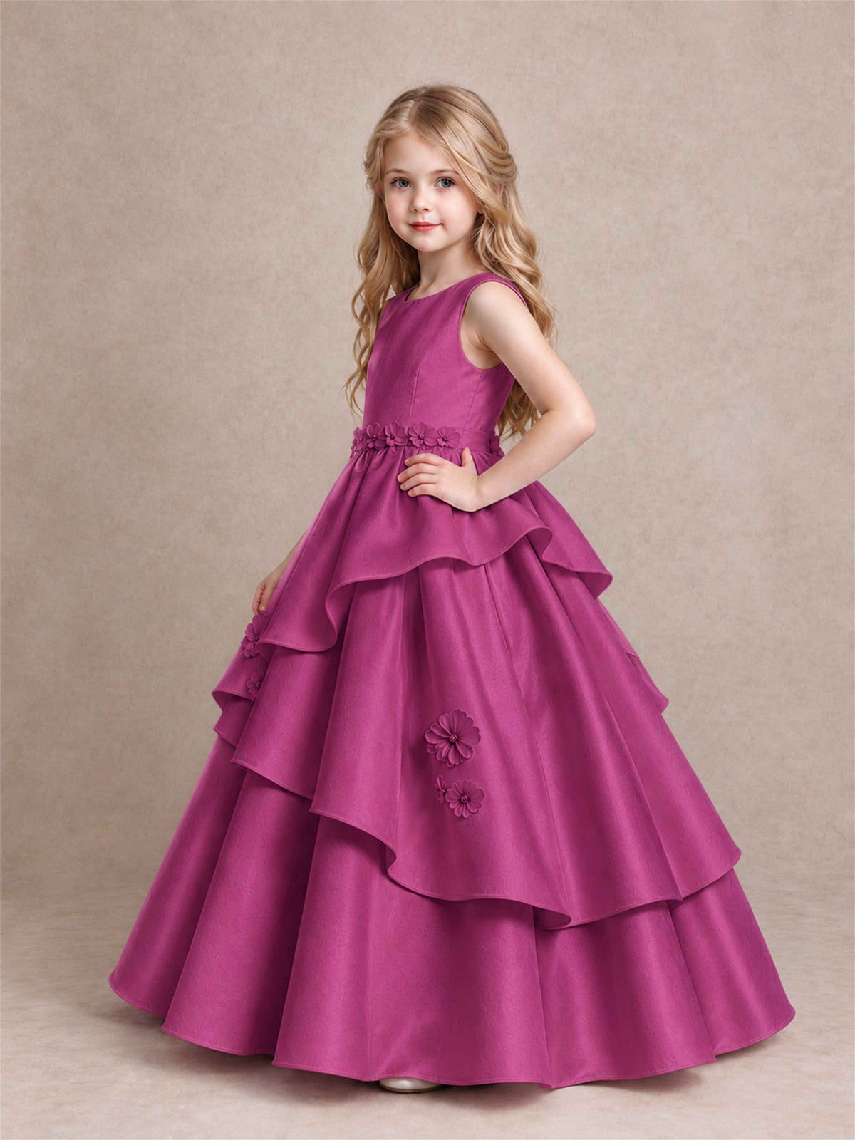 3D Floral Ruffled Satin Flower Girl Dress Floor Length Princess Gown for Wedding First Communion