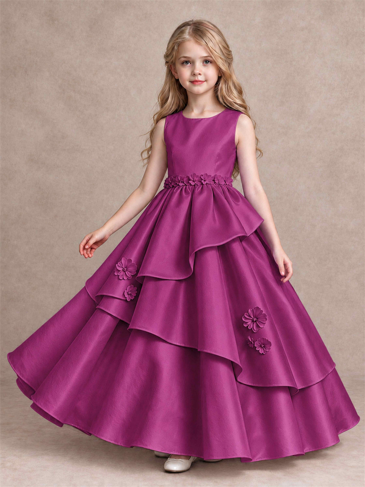 3D Floral Ruffled Satin Flower Girl Dress Floor Length Princess Gown for Wedding First Communion