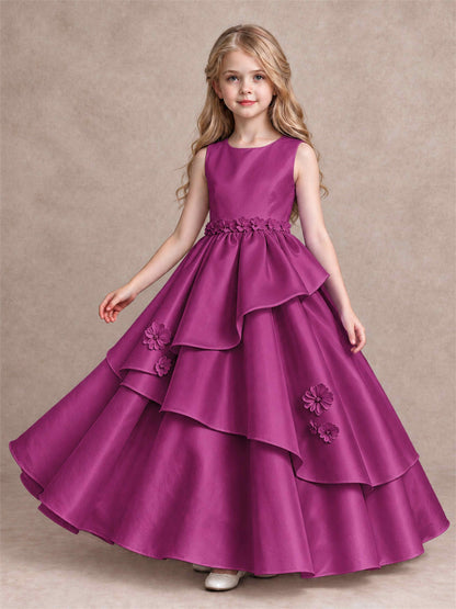 3D Floral Ruffled Satin Flower Girl Dress Floor Length Princess Gown for Wedding First Communion