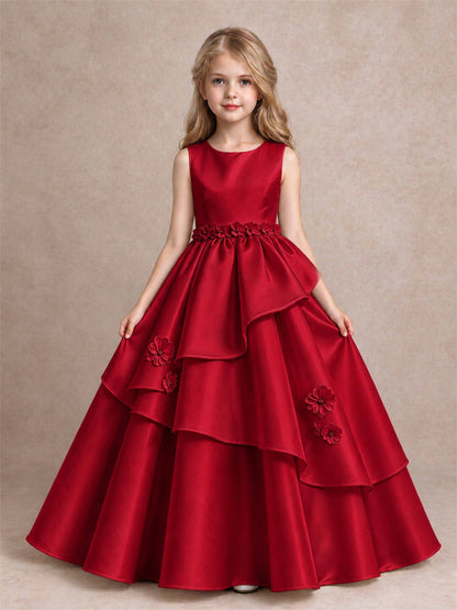 3D Floral Ruffled Satin Flower Girl Dress Floor Length Princess Gown for Wedding First Communion