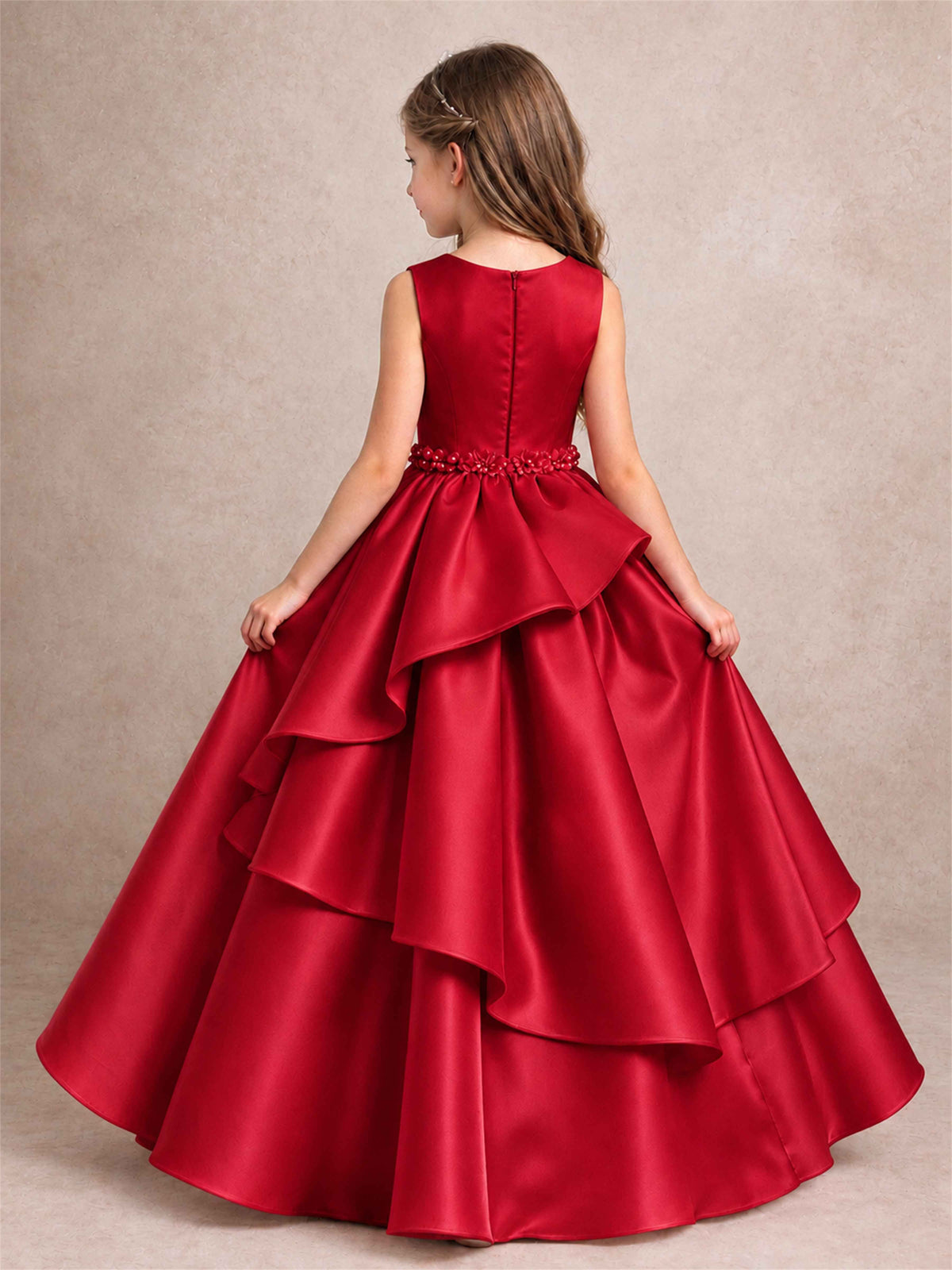 3D Floral Ruffled Satin Flower Girl Dress Floor Length Princess Gown for Wedding First Communion