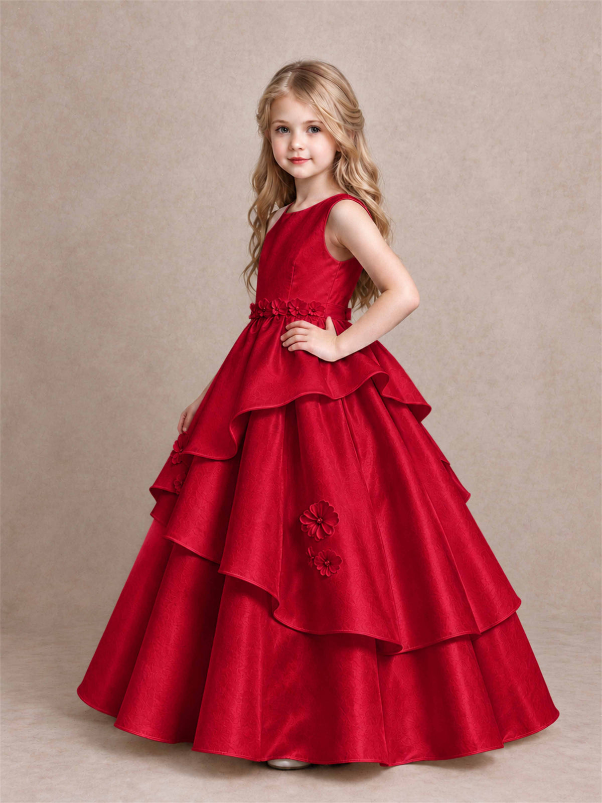 3D Floral Ruffled Satin Flower Girl Dress Floor Length Princess Gown for Wedding First Communion