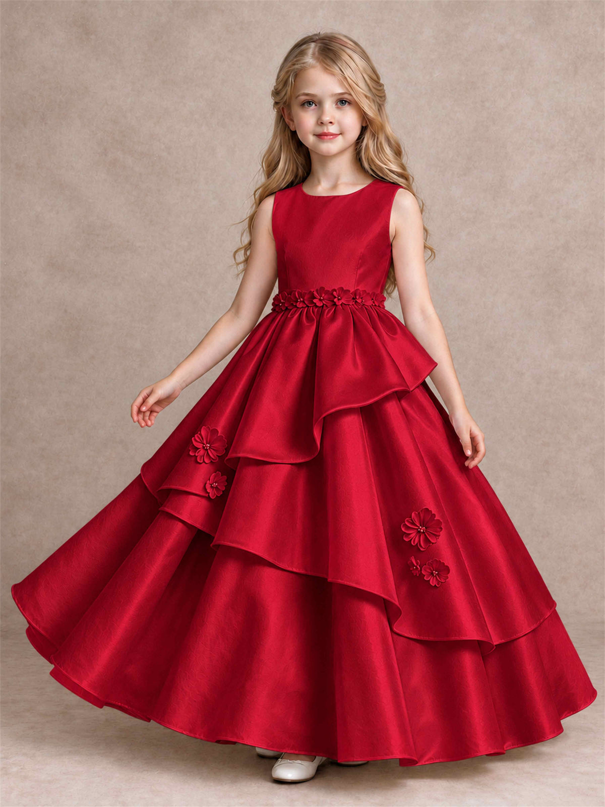 3D Floral Ruffled Satin Flower Girl Dress Floor Length Princess Gown for Wedding First Communion