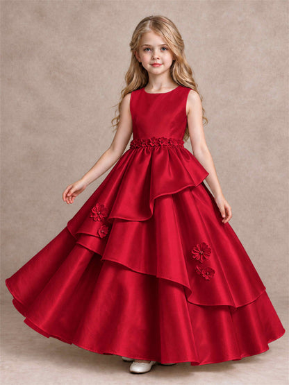 3D Floral Ruffled Satin Flower Girl Dress Floor Length Princess Gown for Wedding First Communion