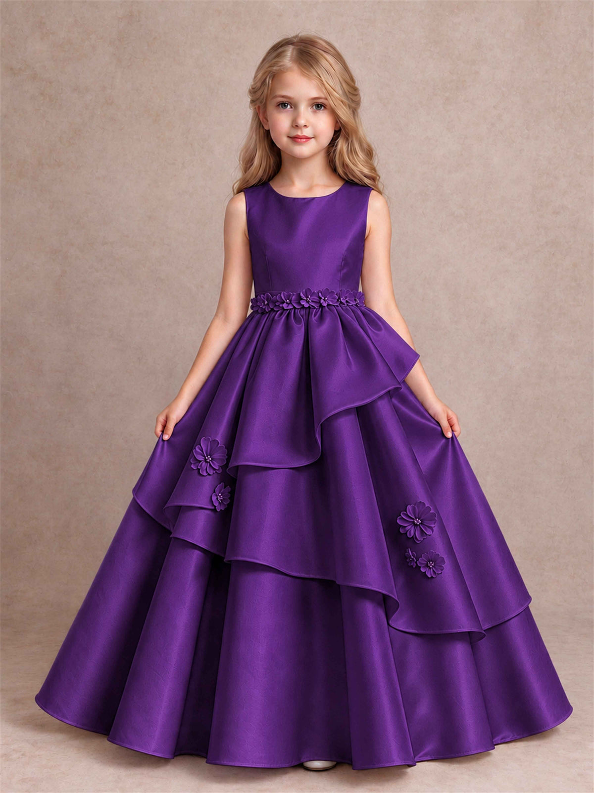 3D Floral Ruffled Satin Flower Girl Dress Floor Length Princess Gown for Wedding First Communion