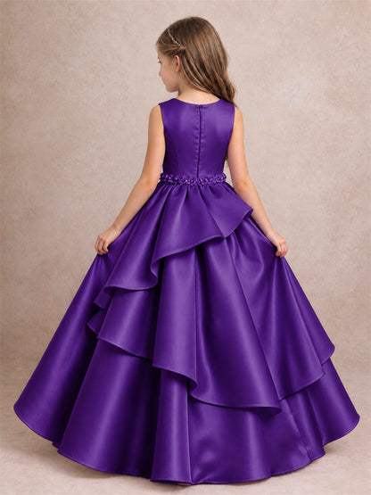 3D Floral Ruffled Satin Flower Girl Dress Floor Length Princess Gown for Wedding First Communion