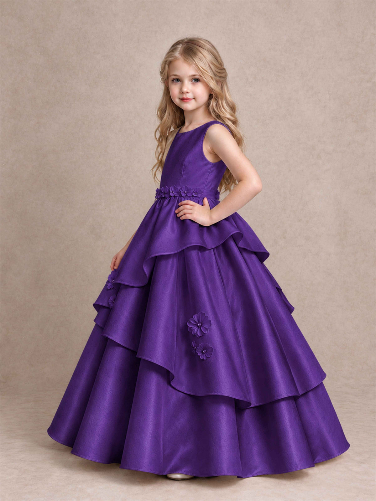 3D Floral Ruffled Satin Flower Girl Dress Floor Length Princess Gown for Wedding First Communion