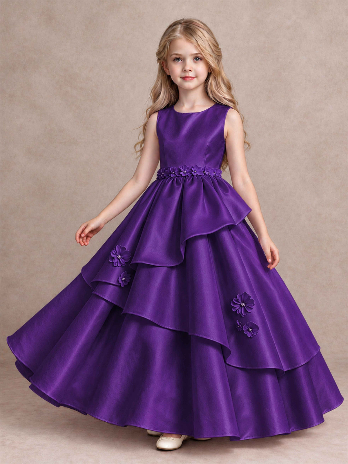 3D Floral Ruffled Satin Flower Girl Dress Floor Length Princess Gown for Wedding First Communion