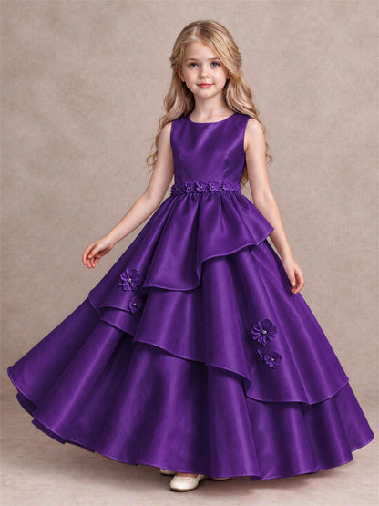 3D Floral Ruffled Satin Flower Girl Dress Floor Length Princess Gown for Wedding First Communion