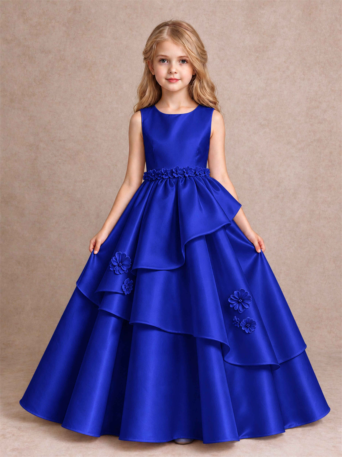 3D Floral Ruffled Satin Flower Girl Dress Floor Length Princess Gown for Wedding First Communion