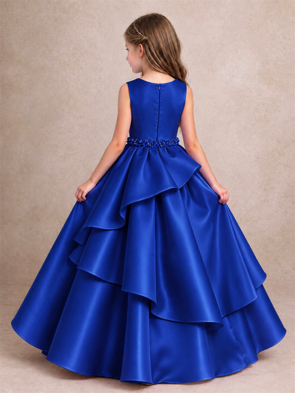 3D Floral Ruffled Satin Flower Girl Dress Floor Length Princess Gown for Wedding First Communion