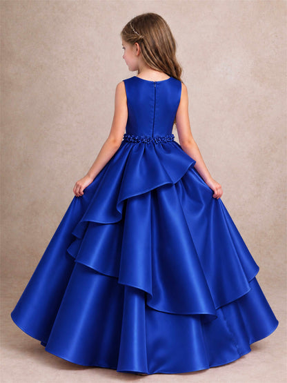 3D Floral Ruffled Satin Flower Girl Dress Floor Length Princess Gown for Wedding First Communion