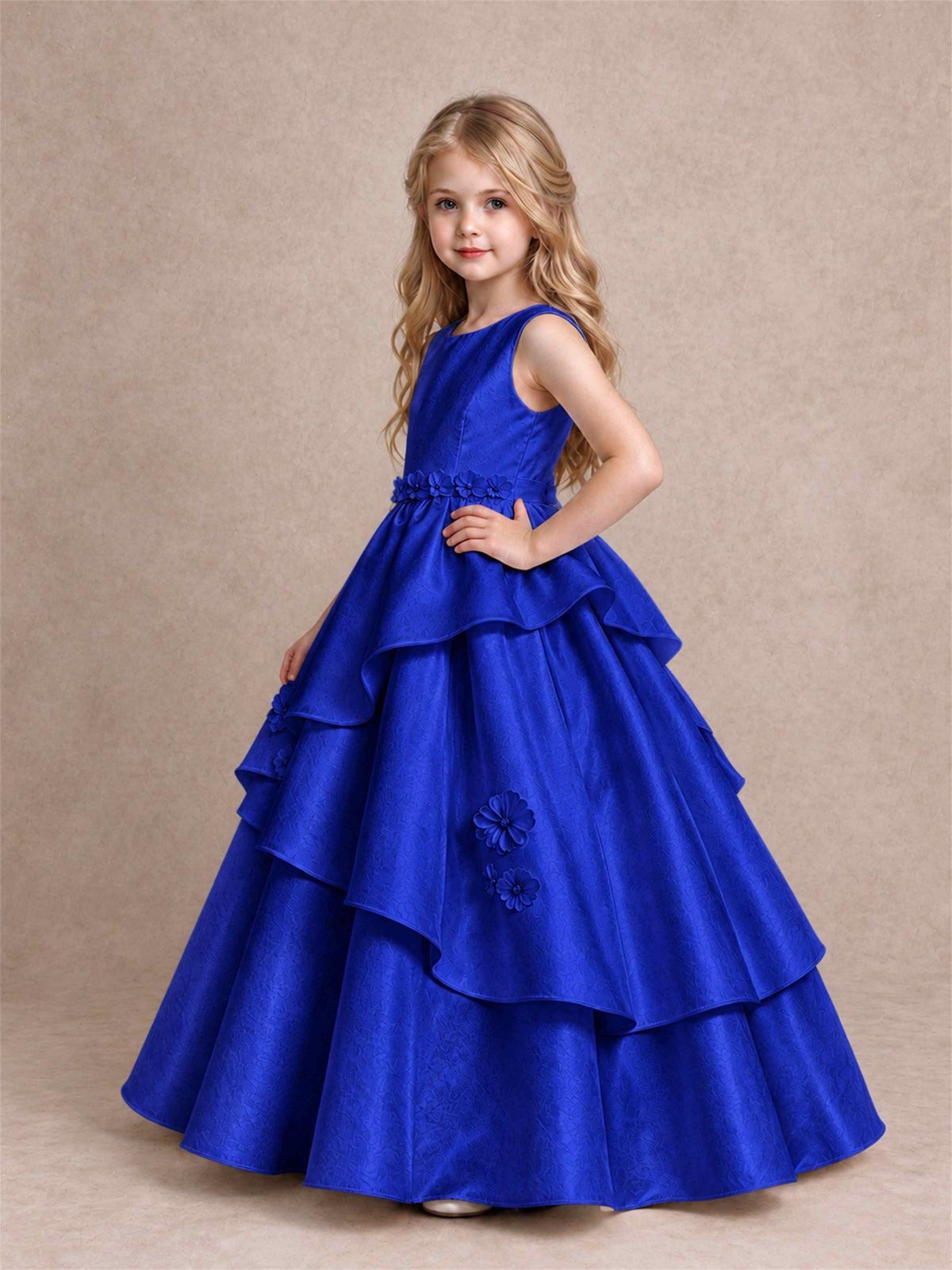 3D Floral Ruffled Satin Flower Girl Dress Floor Length Princess Gown for Wedding First Communion