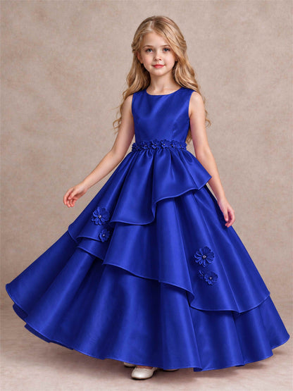 3D Floral Ruffled Satin Flower Girl Dress Floor Length Princess Gown for Wedding First Communion