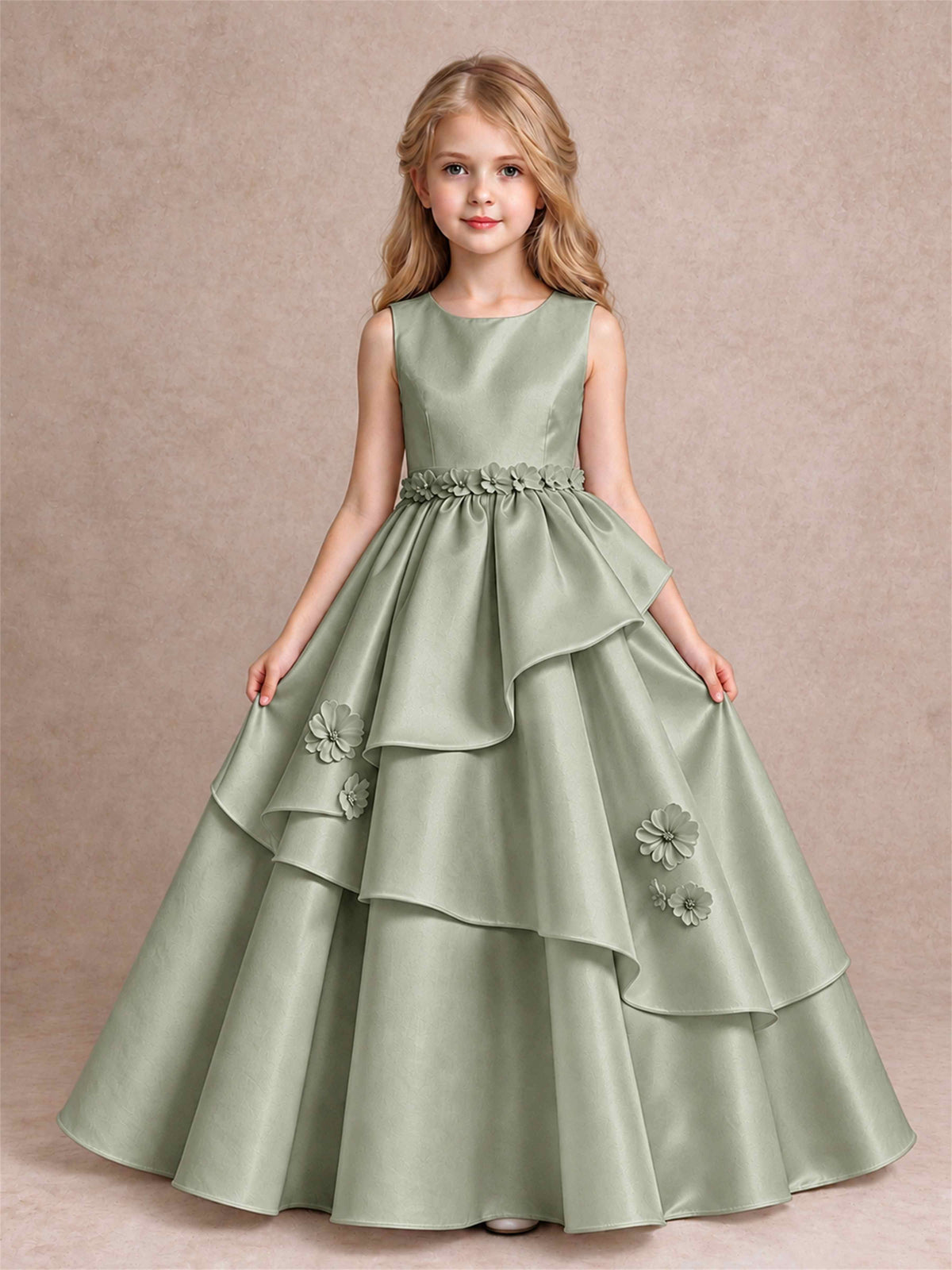 3D Floral Ruffled Satin Flower Girl Dress Floor Length Princess Gown for Wedding First Communion