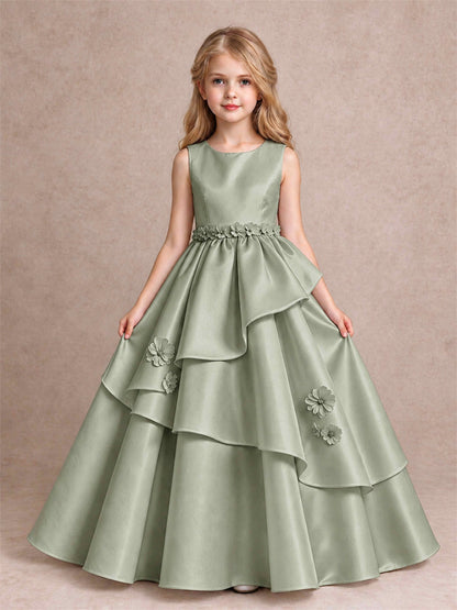 3D Floral Ruffled Satin Flower Girl Dress Floor Length Princess Gown for Wedding First Communion