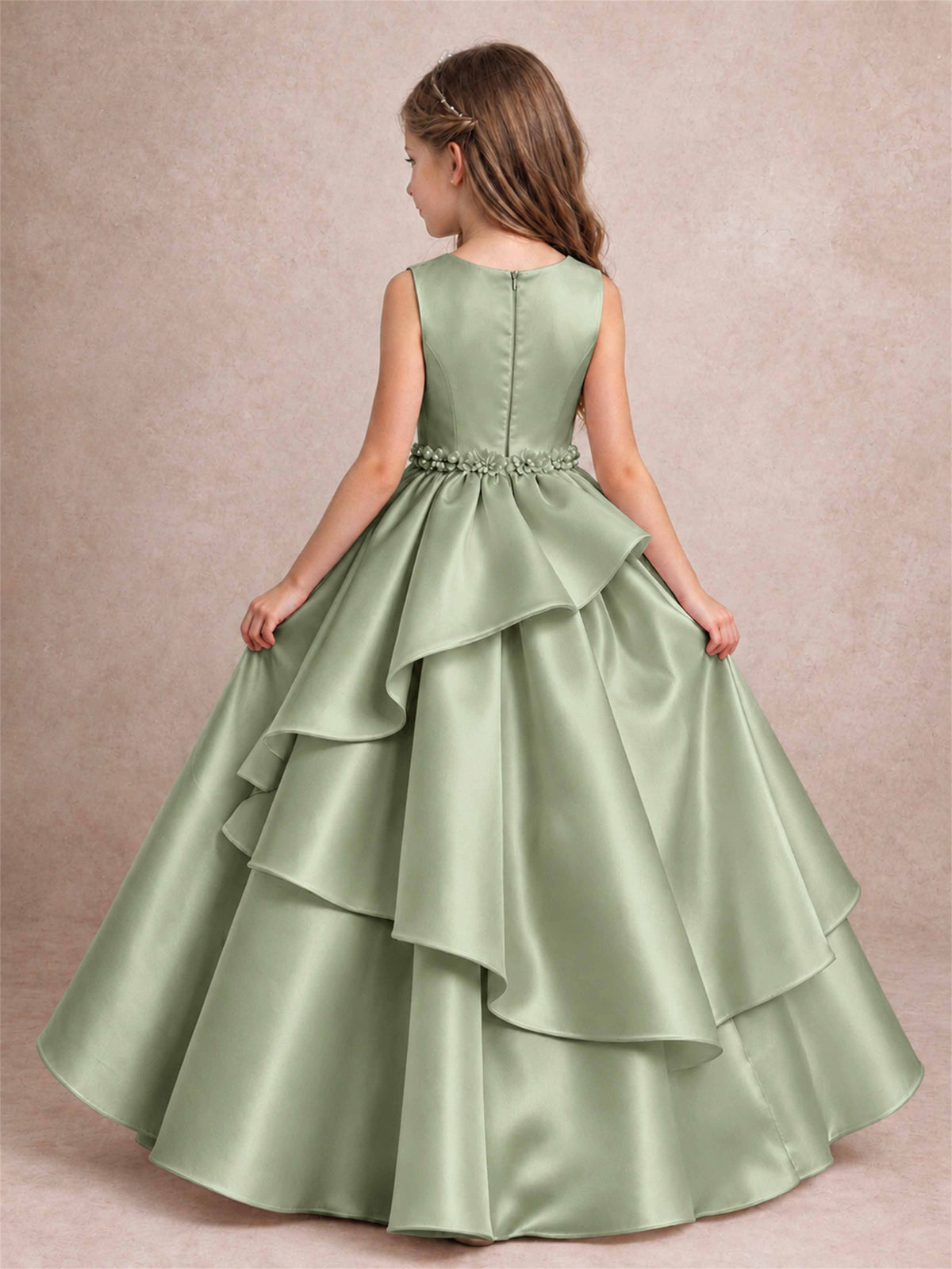 3D Floral Ruffled Satin Flower Girl Dress Floor Length Princess Gown for Wedding First Communion