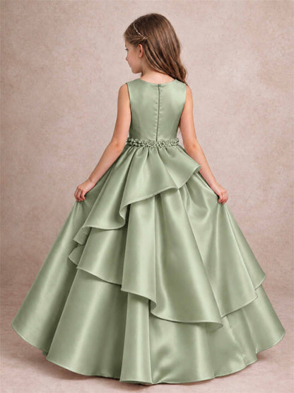 3D Floral Ruffled Satin Flower Girl Dress Floor Length Princess Gown for Wedding First Communion