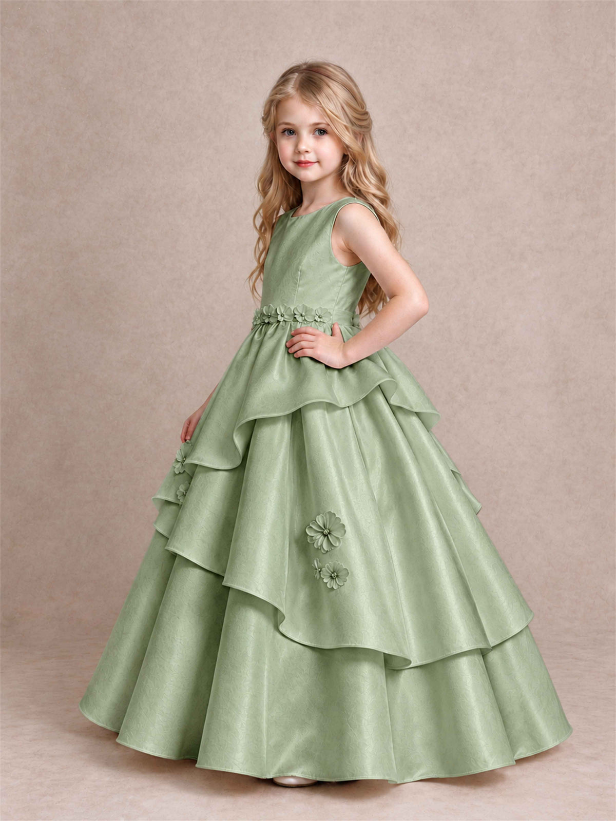 3D Floral Ruffled Satin Flower Girl Dress Floor Length Princess Gown for Wedding First Communion