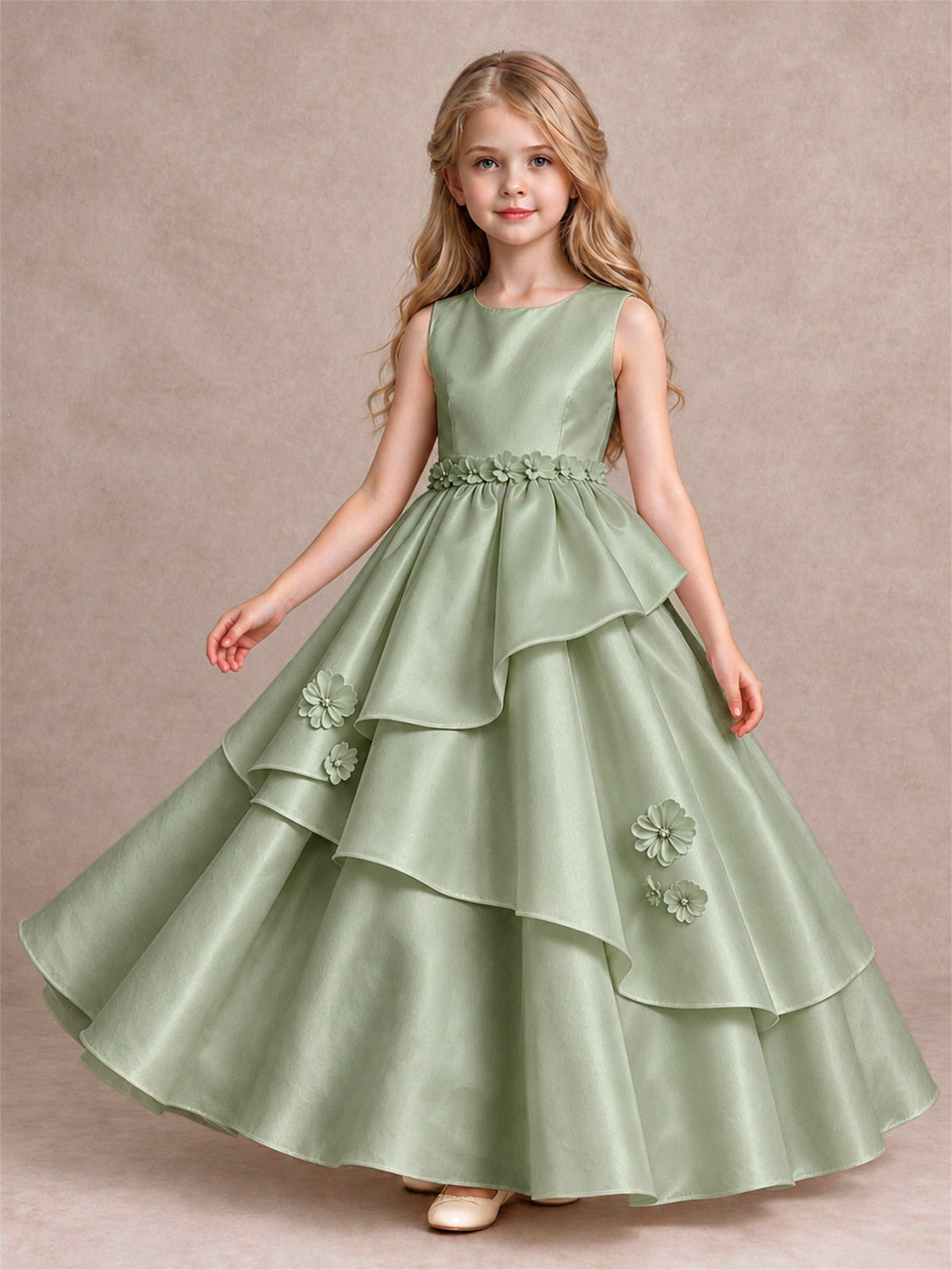3D Floral Ruffled Satin Flower Girl Dress Floor Length Princess Gown for Wedding First Communion