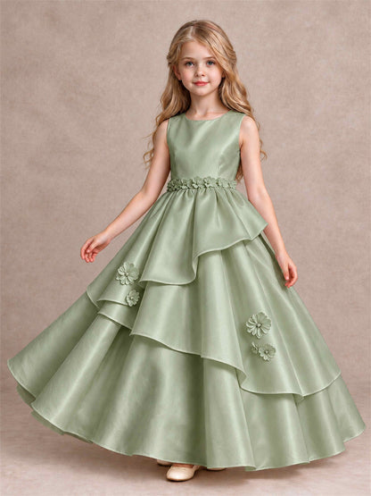 3D Floral Ruffled Satin Flower Girl Dress Floor Length Princess Gown for Wedding First Communion