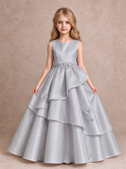 3D Floral Ruffled Satin Flower Girl Dress Floor Length Princess Gown for Wedding First Communion