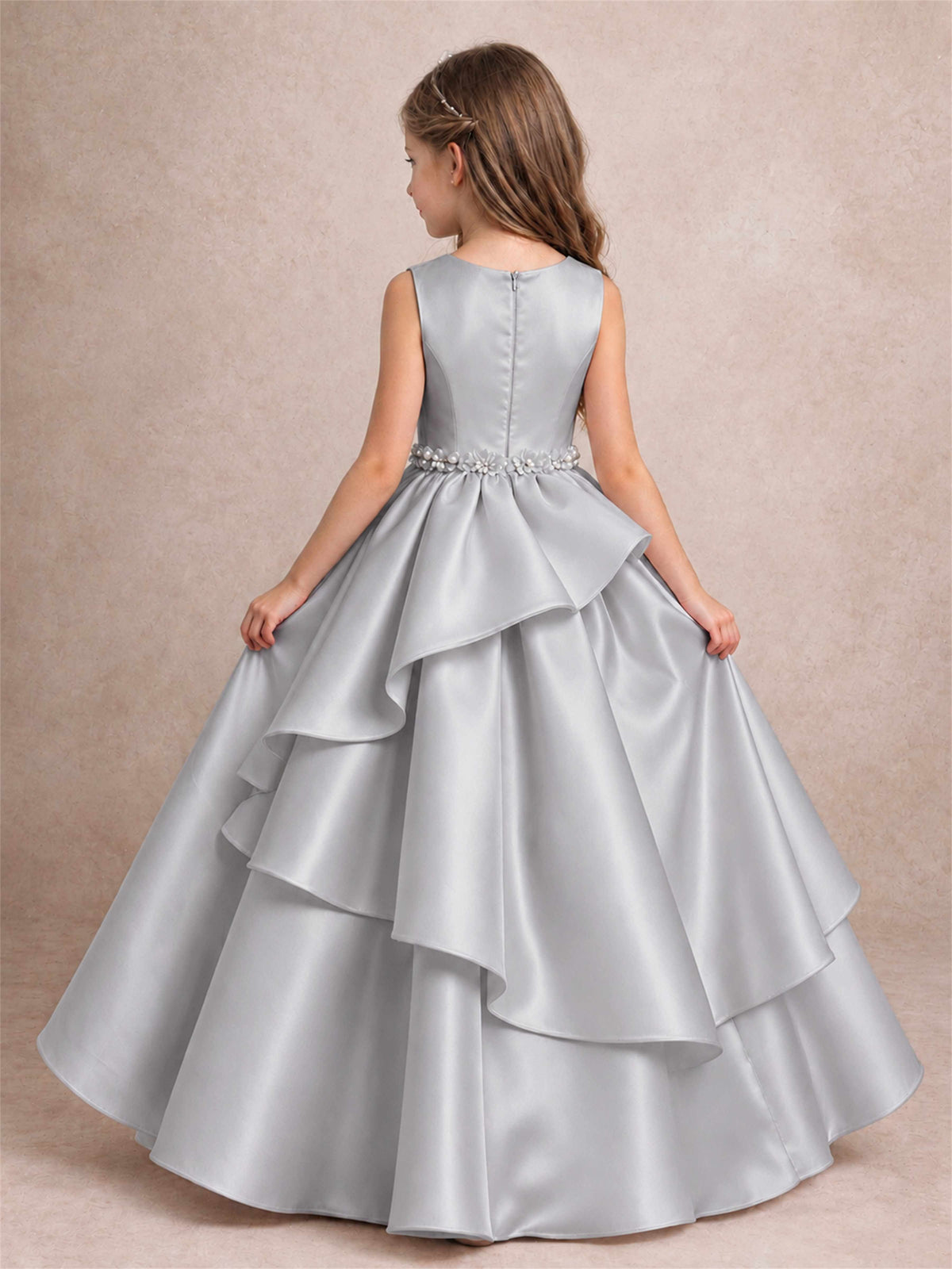 3D Floral Ruffled Satin Flower Girl Dress Floor Length Princess Gown for Wedding First Communion