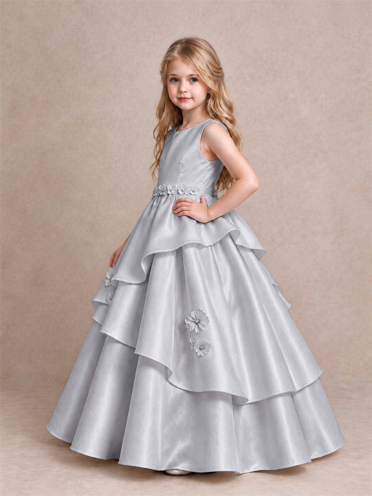 3D Floral Ruffled Satin Flower Girl Dress Floor Length Princess Gown for Wedding First Communion