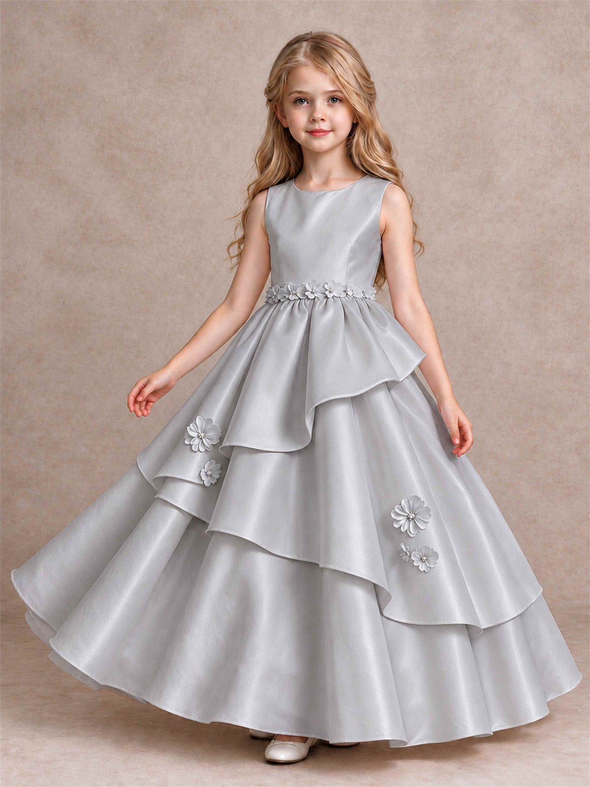 3D Floral Ruffled Satin Flower Girl Dress Floor Length Princess Gown for Wedding First Communion
