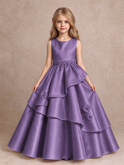 3D Floral Ruffled Satin Flower Girl Dress Floor Length Princess Gown for Wedding First Communion