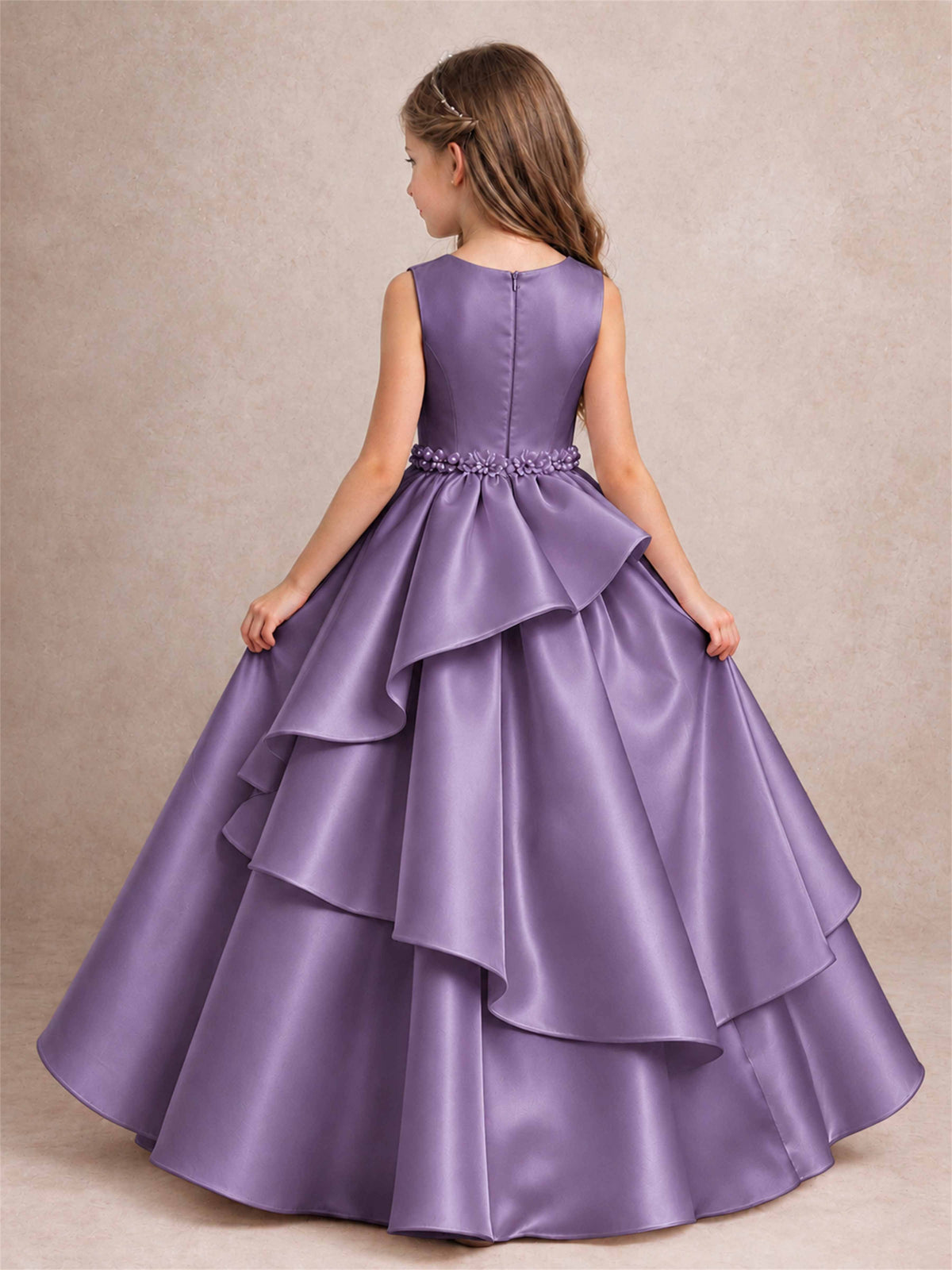 3D Floral Ruffled Satin Flower Girl Dress Floor Length Princess Gown for Wedding First Communion