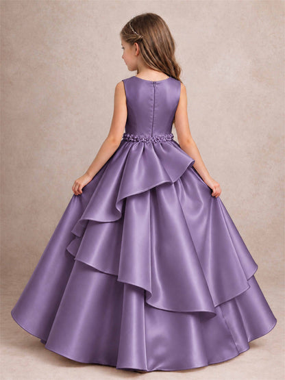 3D Floral Ruffled Satin Flower Girl Dress Floor Length Princess Gown for Wedding First Communion