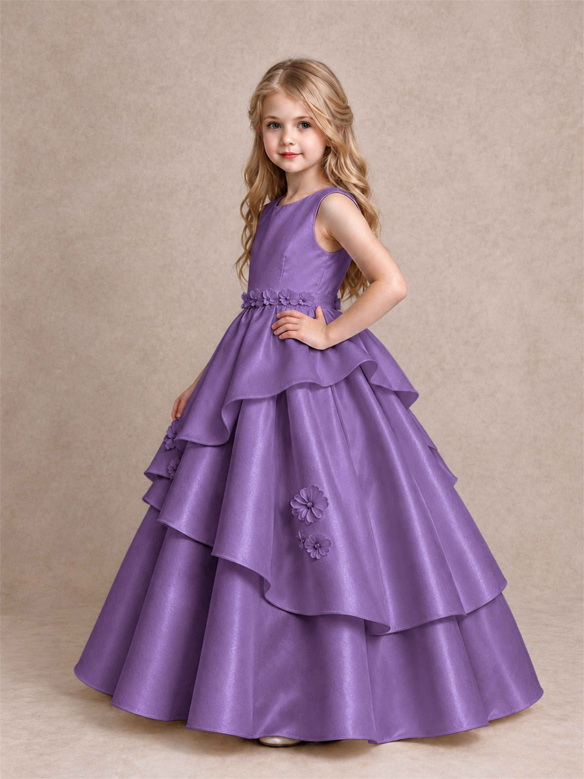 3D Floral Ruffled Satin Flower Girl Dress Floor Length Princess Gown for Wedding First Communion