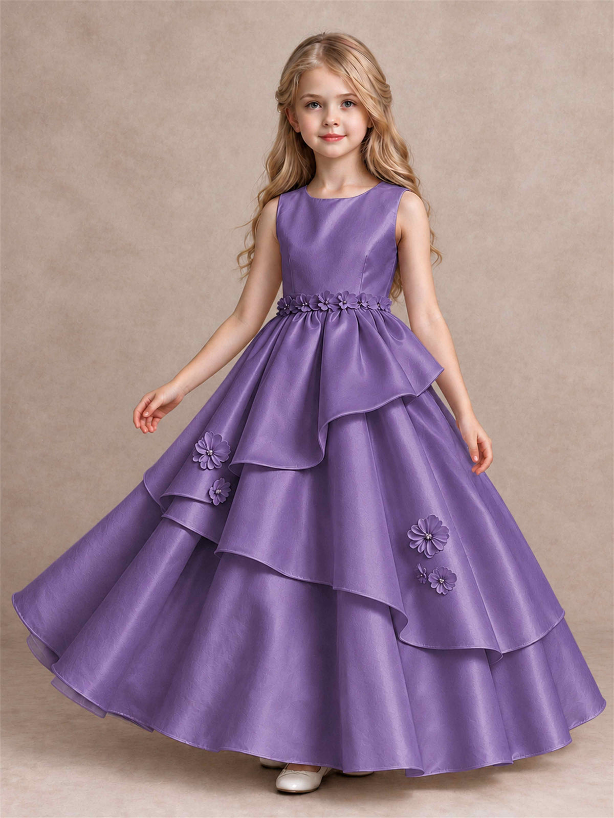 3D Floral Ruffled Satin Flower Girl Dress Floor Length Princess Gown for Wedding First Communion