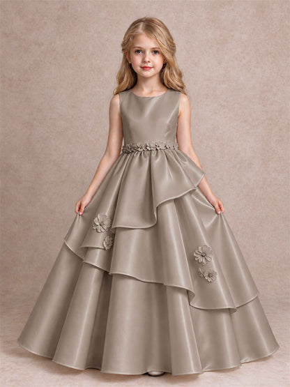 3D Floral Ruffled Satin Flower Girl Dress Floor Length Princess Gown for Wedding First Communion