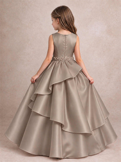 3D Floral Ruffled Satin Flower Girl Dress Floor Length Princess Gown for Wedding First Communion