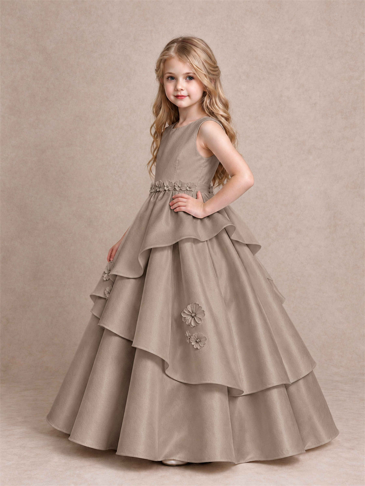 3D Floral Ruffled Satin Flower Girl Dress Floor Length Princess Gown for Wedding First Communion