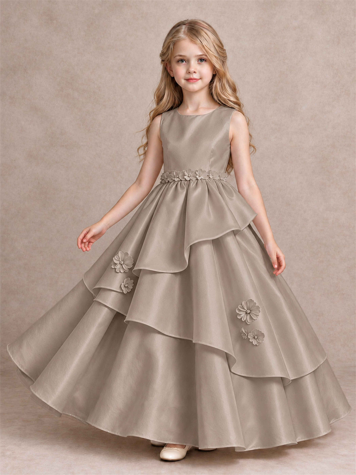3D Floral Ruffled Satin Flower Girl Dress Floor Length Princess Gown for Wedding First Communion
