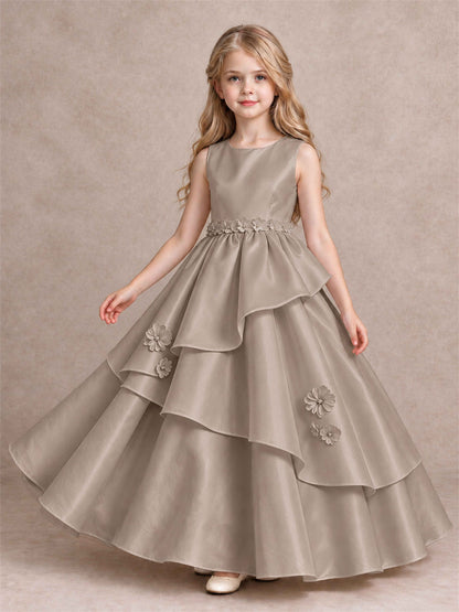 3D Floral Ruffled Satin Flower Girl Dress Floor Length Princess Gown for Wedding First Communion