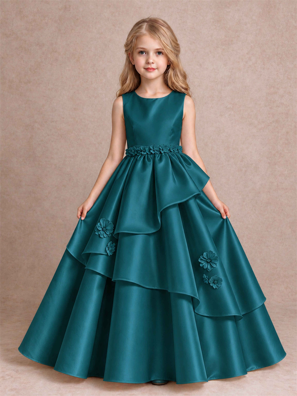 3D Floral Ruffled Satin Flower Girl Dress Floor Length Princess Gown for Wedding First Communion