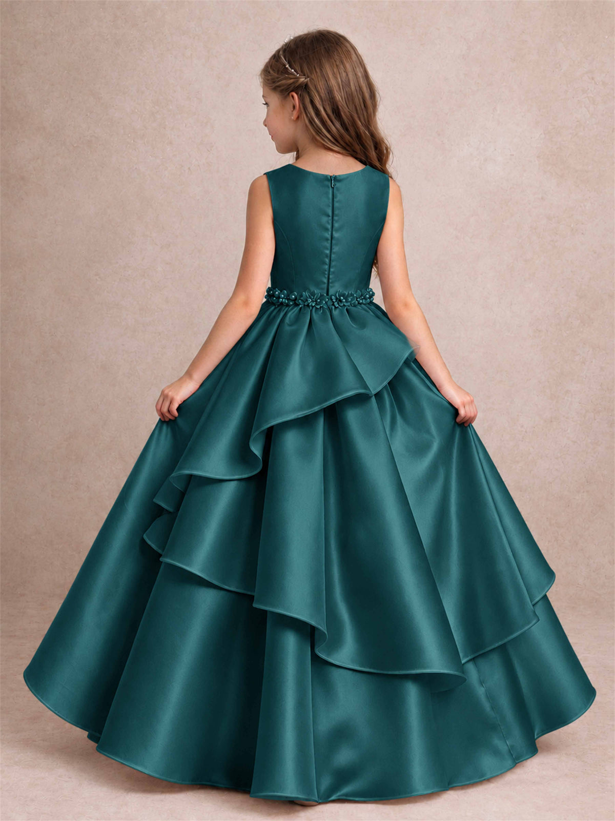 3D Floral Ruffled Satin Flower Girl Dress Floor Length Princess Gown for Wedding First Communion