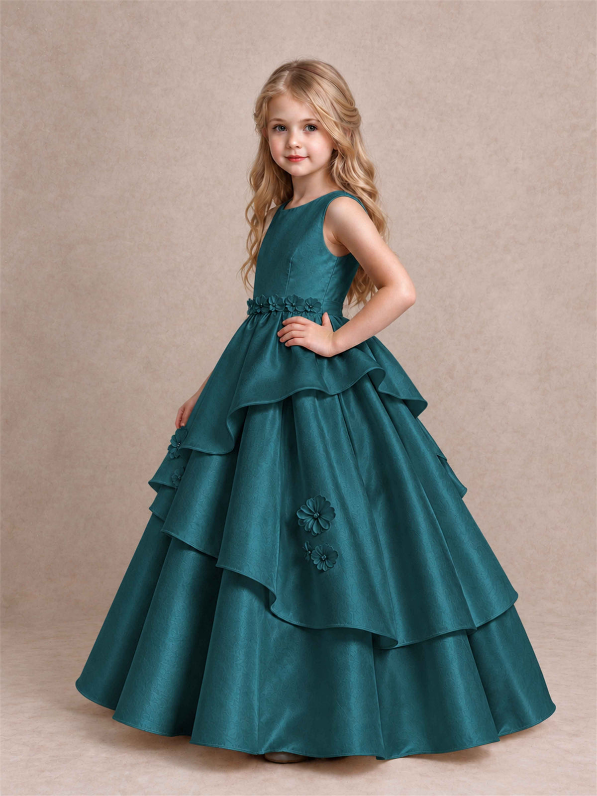 3D Floral Ruffled Satin Flower Girl Dress Floor Length Princess Gown for Wedding First Communion