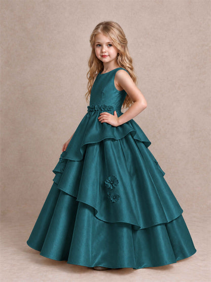 3D Floral Ruffled Satin Flower Girl Dress Floor Length Princess Gown for Wedding First Communion