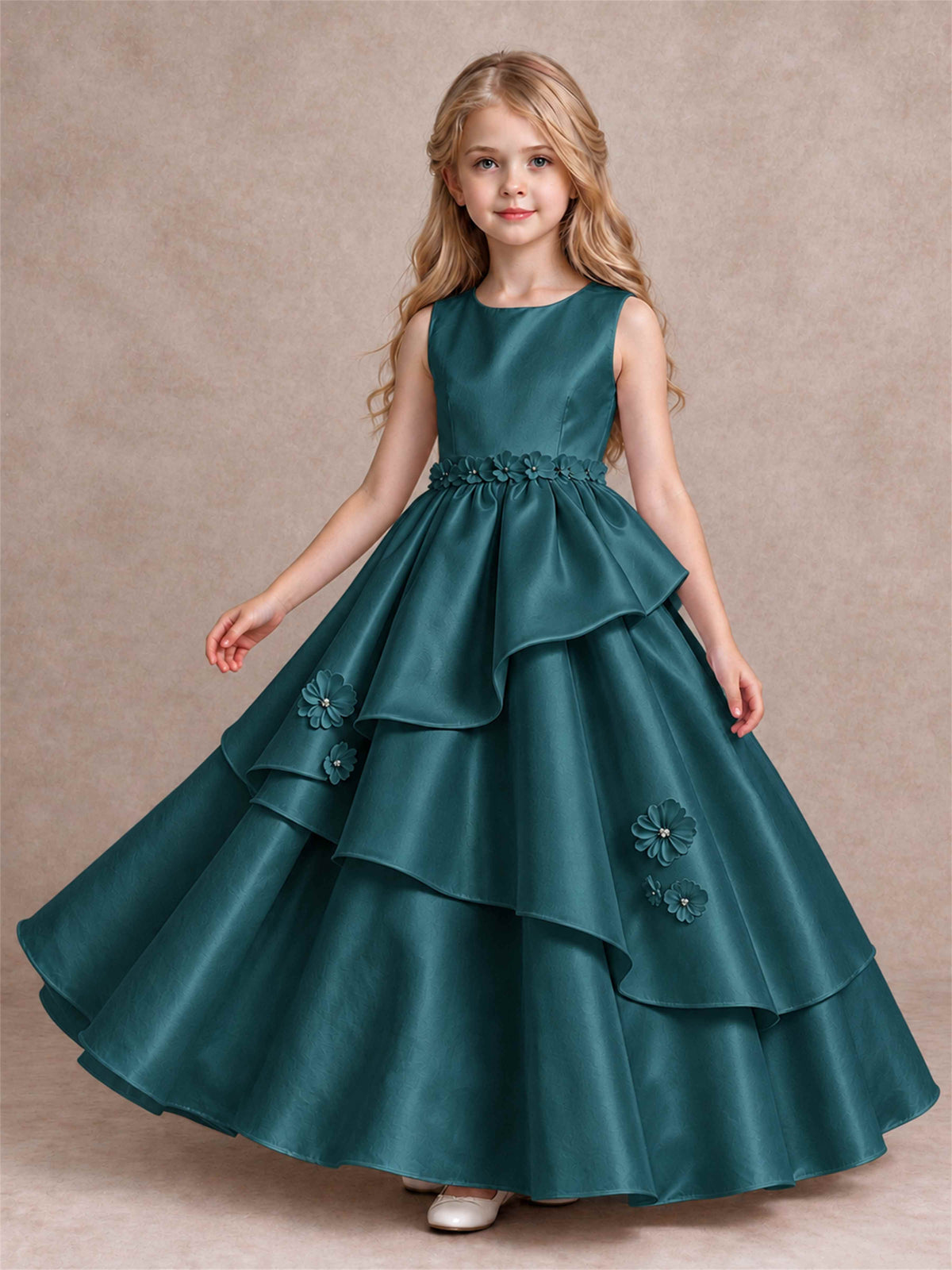 3D Floral Ruffled Satin Flower Girl Dress Floor Length Princess Gown for Wedding First Communion